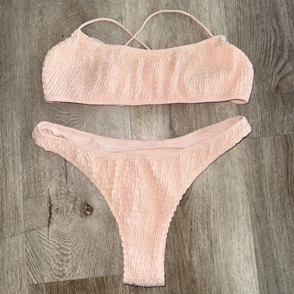 Sarah’s Day X White Fox Boutique Bikini Set Cheeky High Cut Ribbed Pink Tan M - Picture 4 of 9